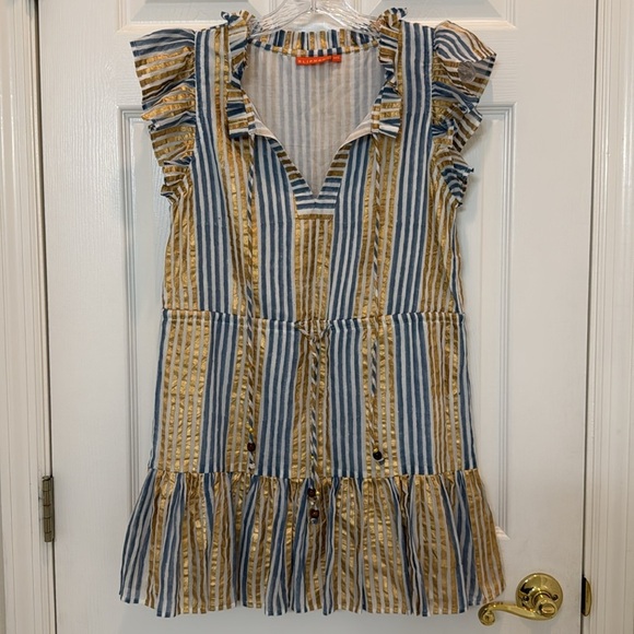 Tuckernuck Oliphant Cinched Flirty Short Dress in Samoa Blue Gold Size XXS - Picture 2 of 12